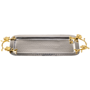 Hammered silver octagon tray with gold flower handle