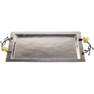 Hammered silver rectangle tray with black handle and gold flower