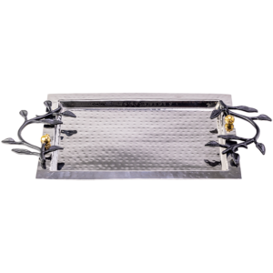 Hammered stainless steel rectangle silver tray with black leaf handles