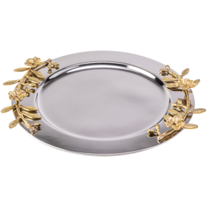 Stainless steel and aluminium silver and gold round tray with flower handles