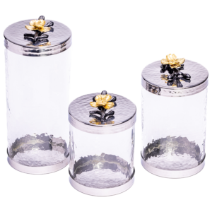 3 canisters with gold and black flower handle