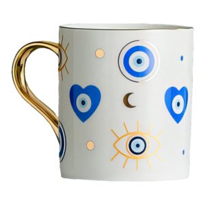 An Azure Heart Mug with blue and gold designs.