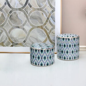 A set of 2 beautiful porcelain jars with lids in blue and green colours