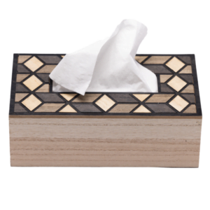 wooden tissue box with mosaic pattern design and a tissue inside it.