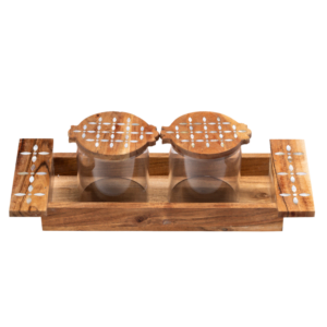 short wooden decorative tray with 2 canisters