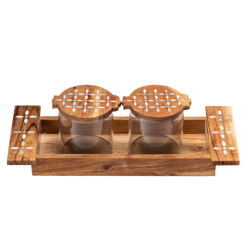 short wooden decorative tray with 2 canisters