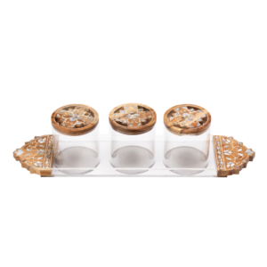Wood Rectangle Tray Set, consists of a long acrylic and wood tay with gorgeous mother of pearl floral pattern, and 3 matching acrylic and wood canisters