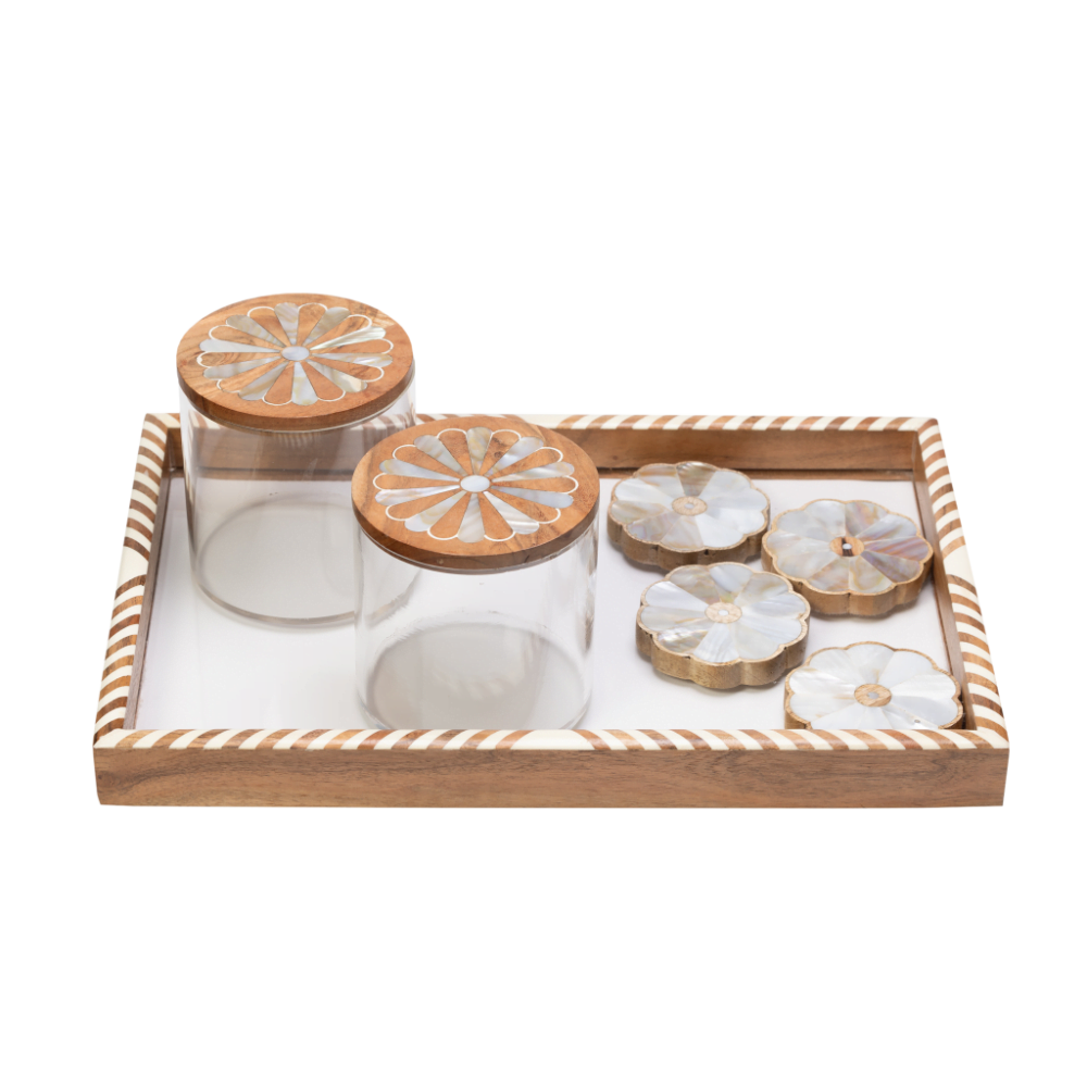 wooden tray with 4 coasters and 2 canisters all adorned with mother of pearl inlay.