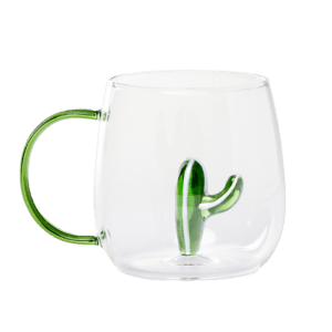 Glass cup with green handle and 3D green cactus inside