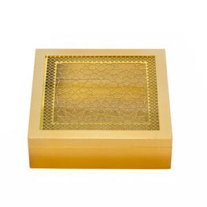 wooden Square gold storage box with intricate laser-cut Islamic geometric pattern on the lid.