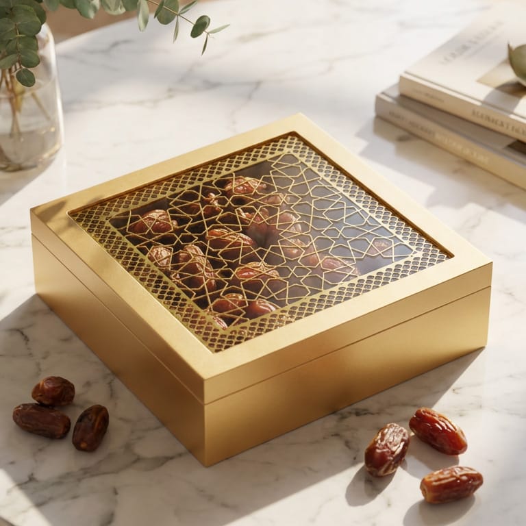 Elegant gold storage box featuring Islamic geometric cutout pattern on lid, containing dates, styled with eucalyptus and books on marble table