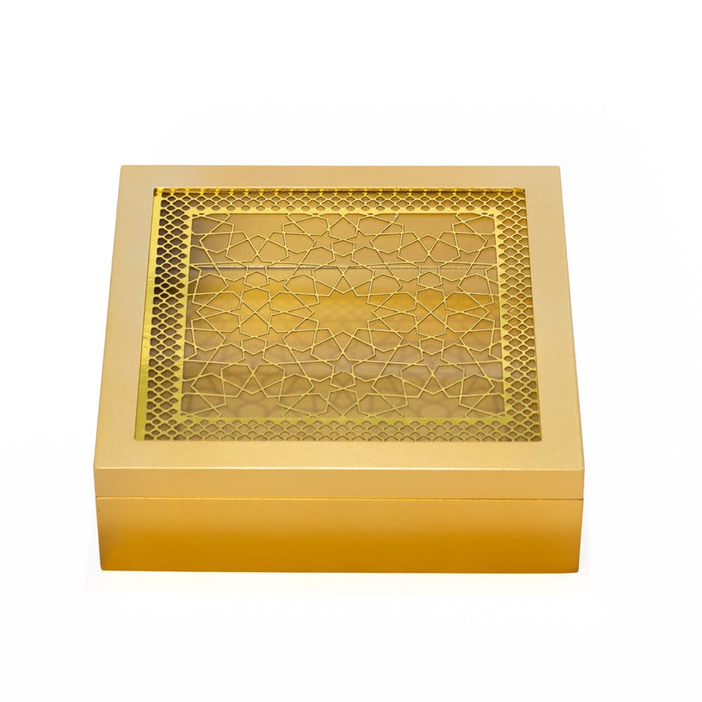 wooden Square gold storage box with intricate laser-cut Islamic geometric pattern on the lid.
