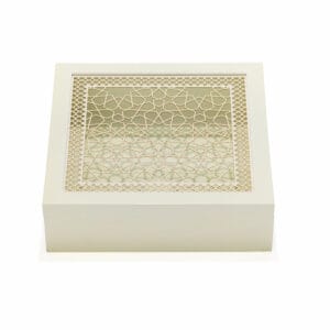 white square decorative box with laser-cut geometric lattice design on the lid.