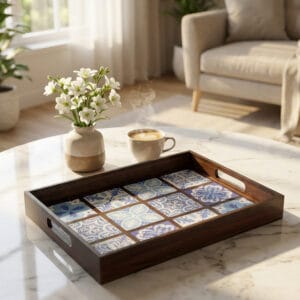 Dark wood serving tray with blue and white Levantine tile inlay in traditional Mediterranean patterns, holding a vase and steaming coffee