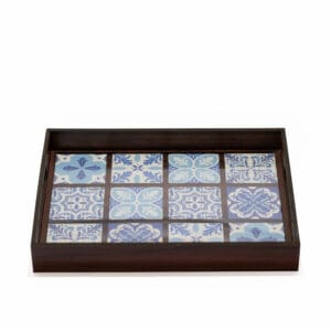 Rectangular dark wood serving tray with a blue and white Mediterranean tile pattern base.