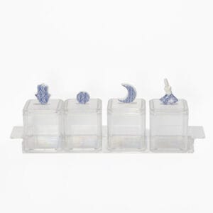 Clear acrylic storage box set with blue and white ceramic-style handles shaped like a Hamsa hand, Whirling Dervish, and Crescent Moon.