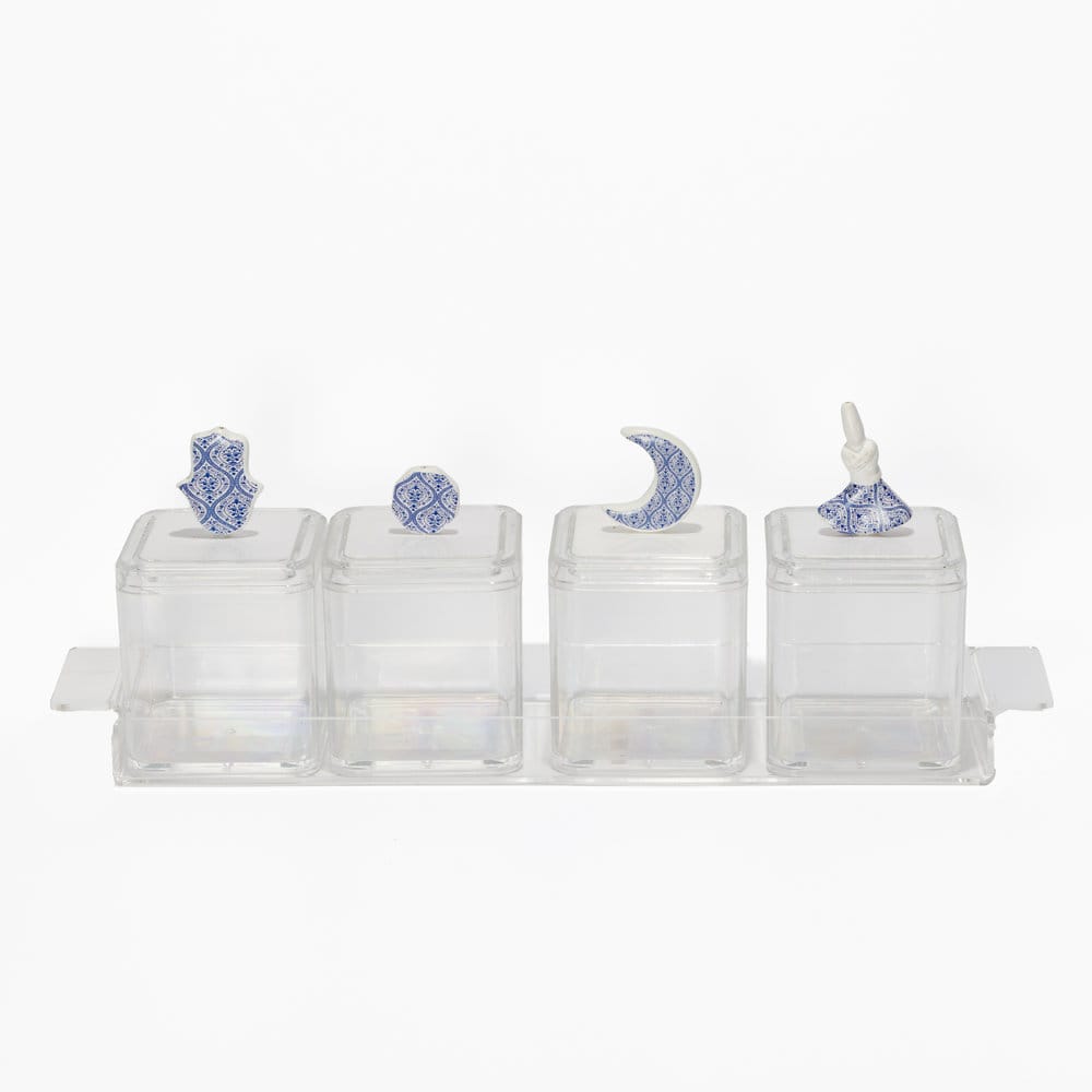 Clear acrylic storage box set with blue and white ceramic-style handles shaped like a Hamsa hand, Whirling Dervish, and Crescent Moon.