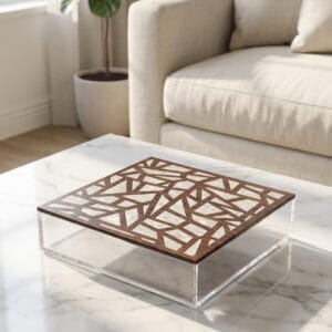 Clear acrylic box with geometric wood and mother of pearl mosaic lid in abstract angular pattern
