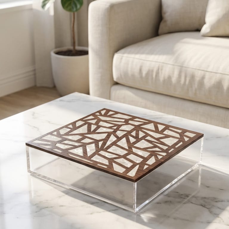 Clear acrylic box with geometric wood and mother of pearl mosaic lid in abstract angular pattern