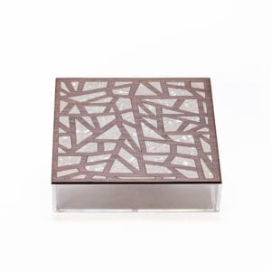 Square clear acrylic storage box featuring a dark wood lid with genuine geometric Mother of Pearl inlay.