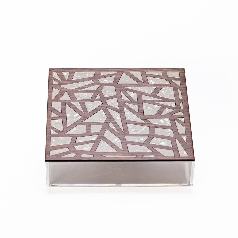 Square clear acrylic storage box featuring a dark wood lid with genuine geometric Mother of Pearl inlay.